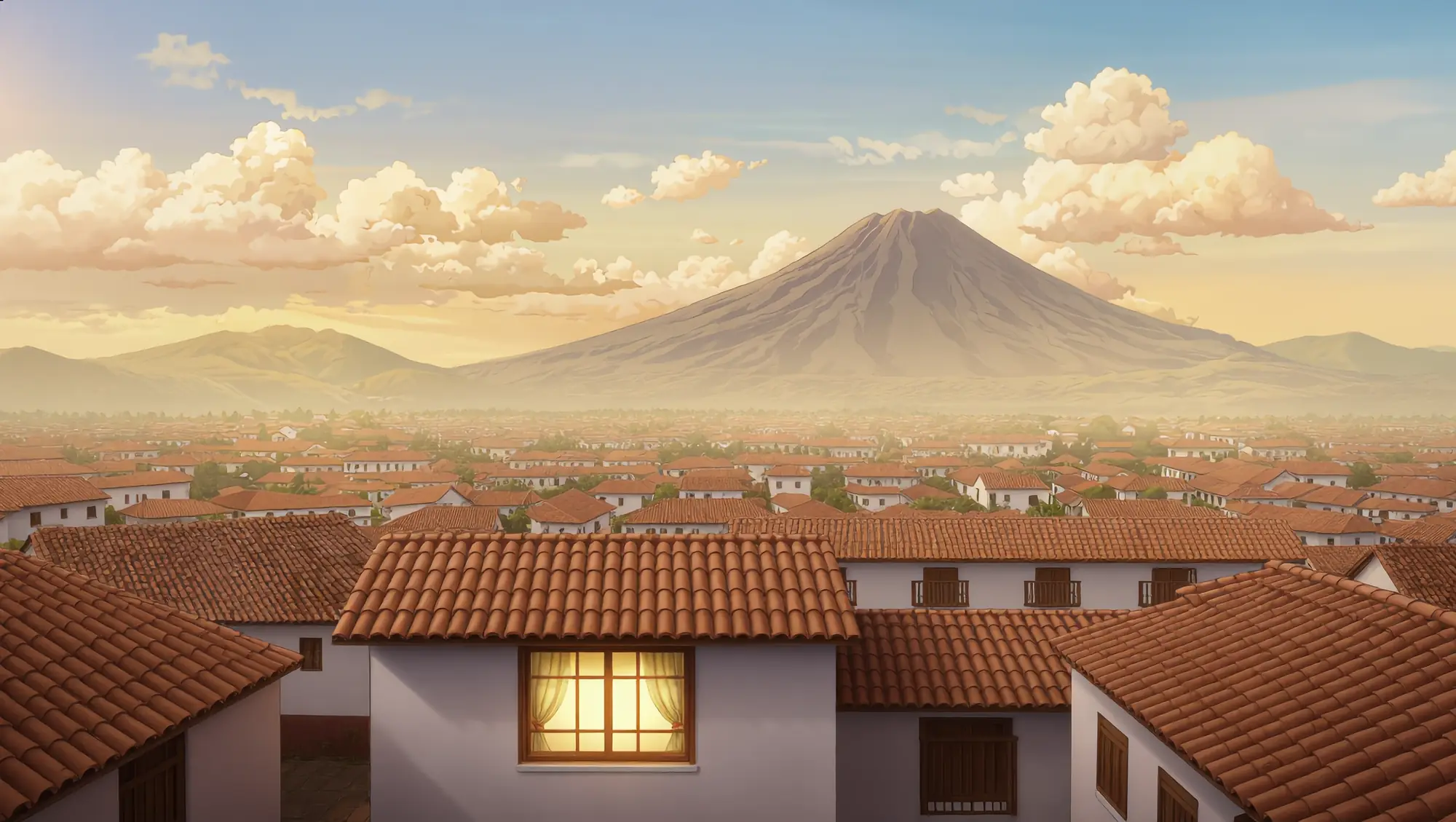 Pueblo de tejados rojos con un volcán al fondo