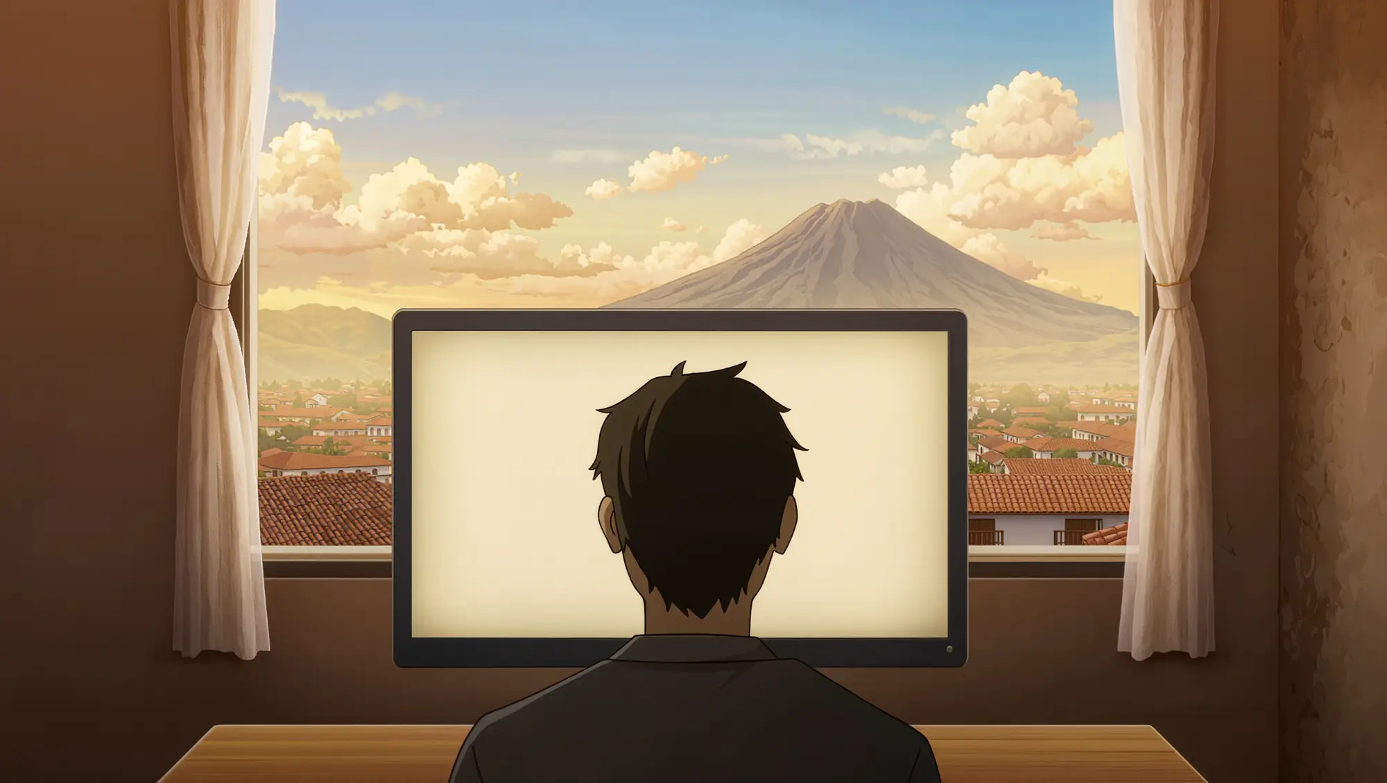 Un chico de espaldas trabaja frente a un monitor grande, junto a una ventana