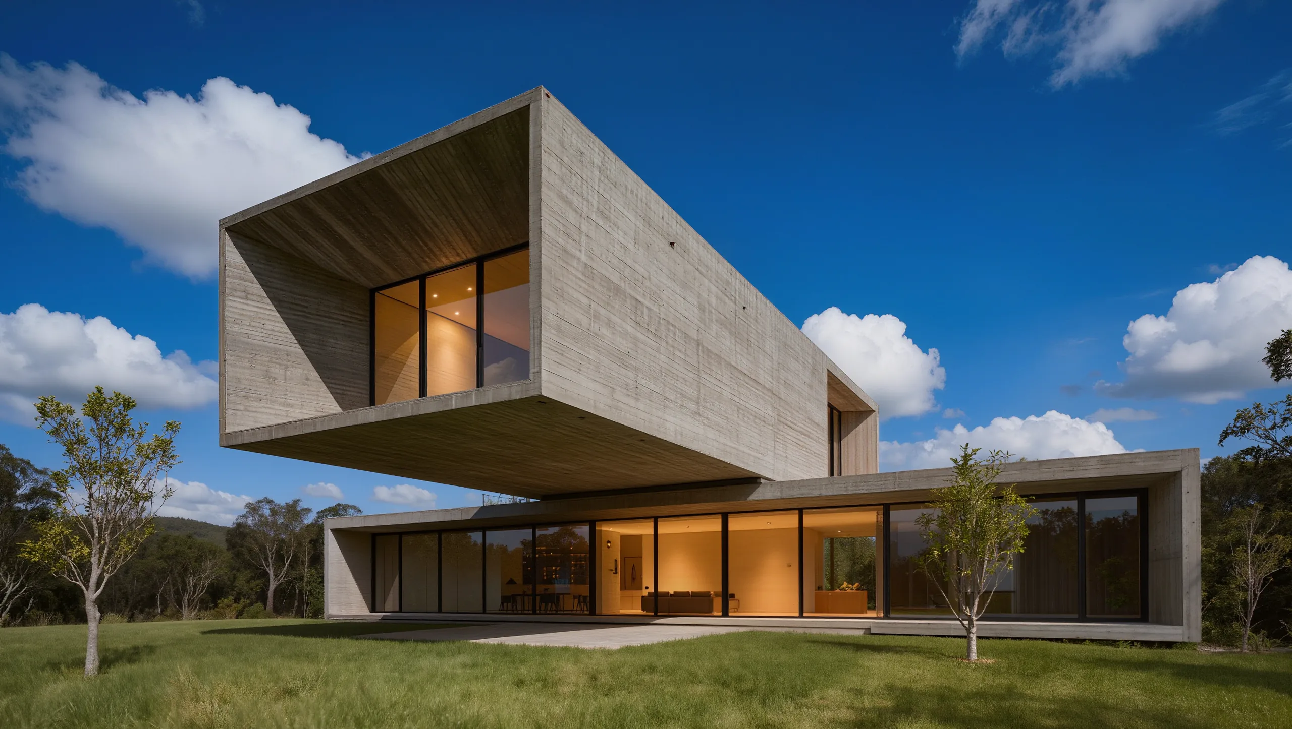 Casa de concreto en voladizo bajo cielo azul