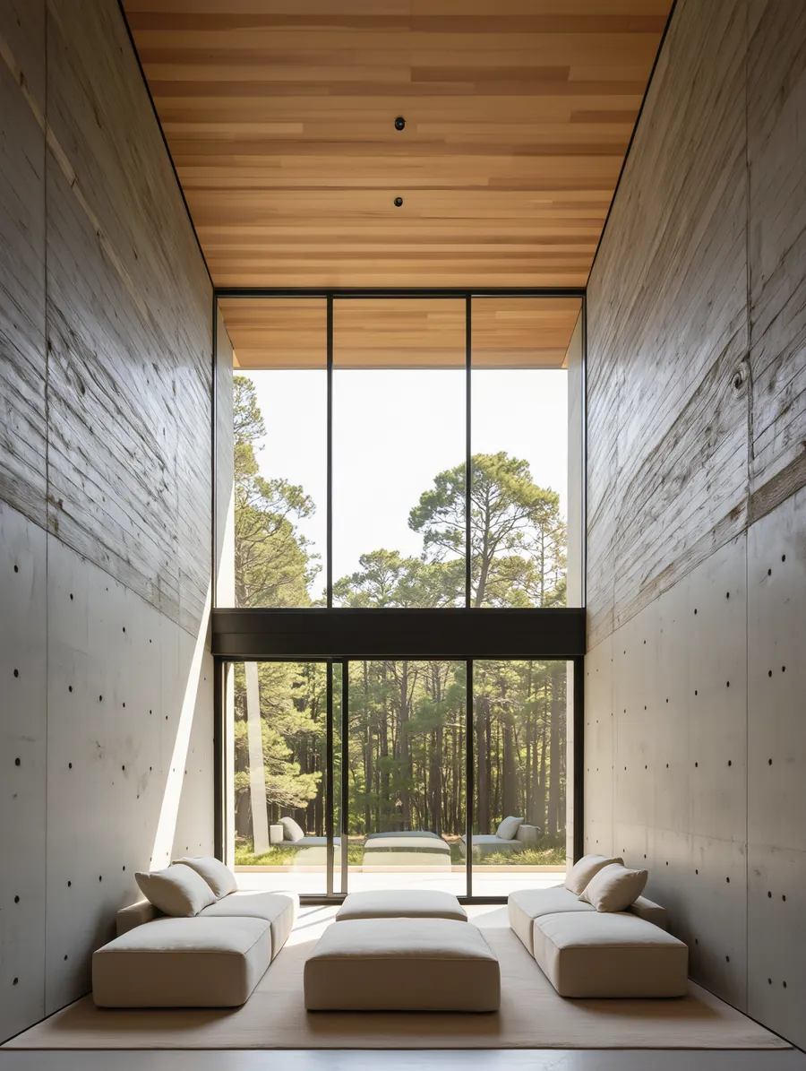 Sala de doble altura con ventanal al bosque